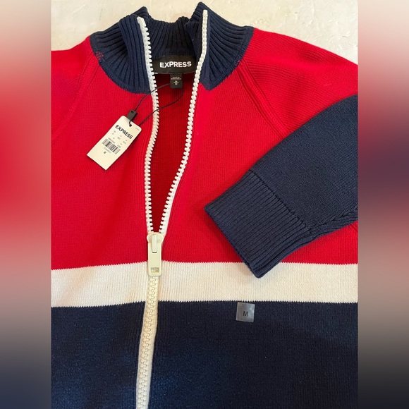 EXPRESS Cardigan Mock Turtle Neck Sweater Full Zipper Bold Red White Navy - Picture 12 of 12